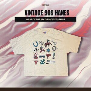 Vintage 90s Hanes West Of The Pecos Santa Fe Cowboy Graphic T-Shirt Beige XL Mad